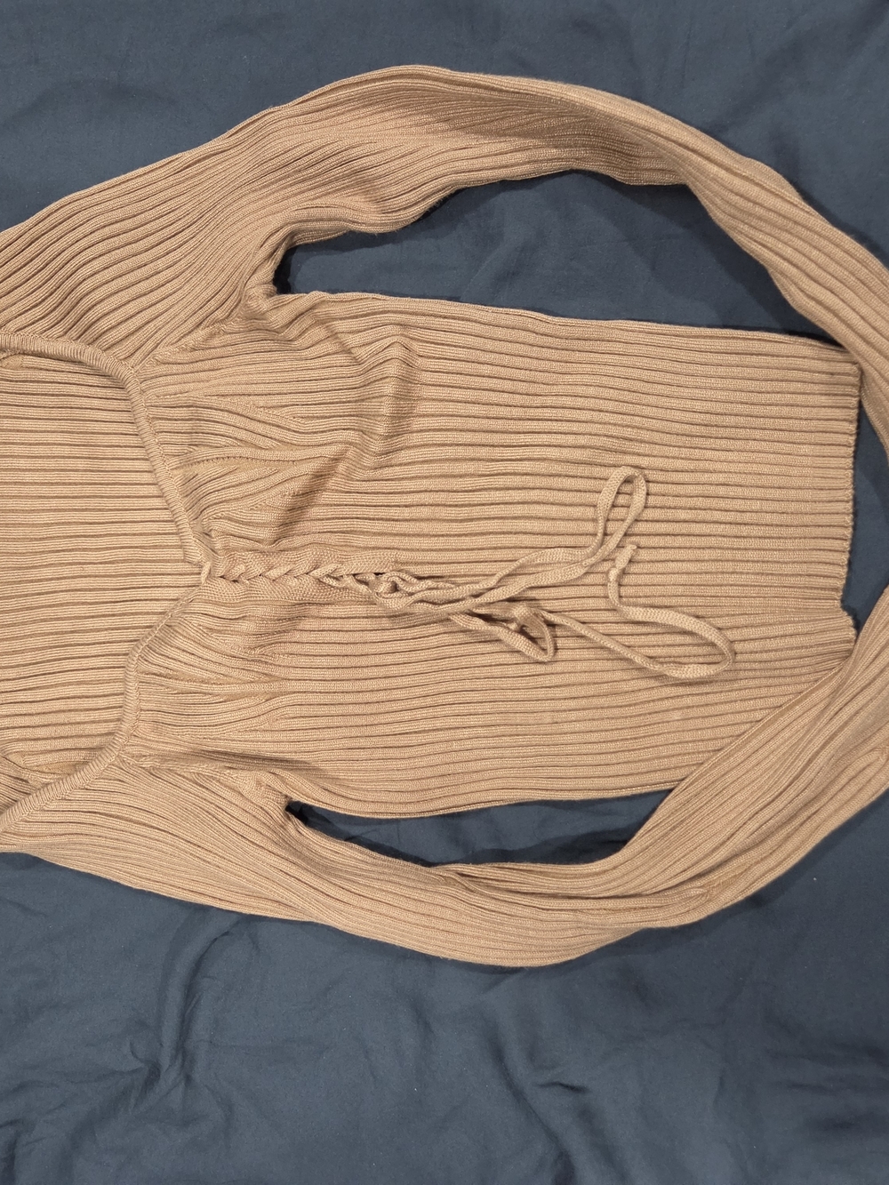 Fashion Nova Rib-Knit Lace-Up Women's Sweater in Camel